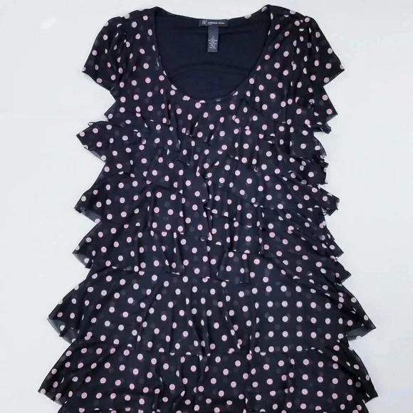 INC Ruffle Tiered Black Pink Dot Knee High Dress M - Picture 1 of 6